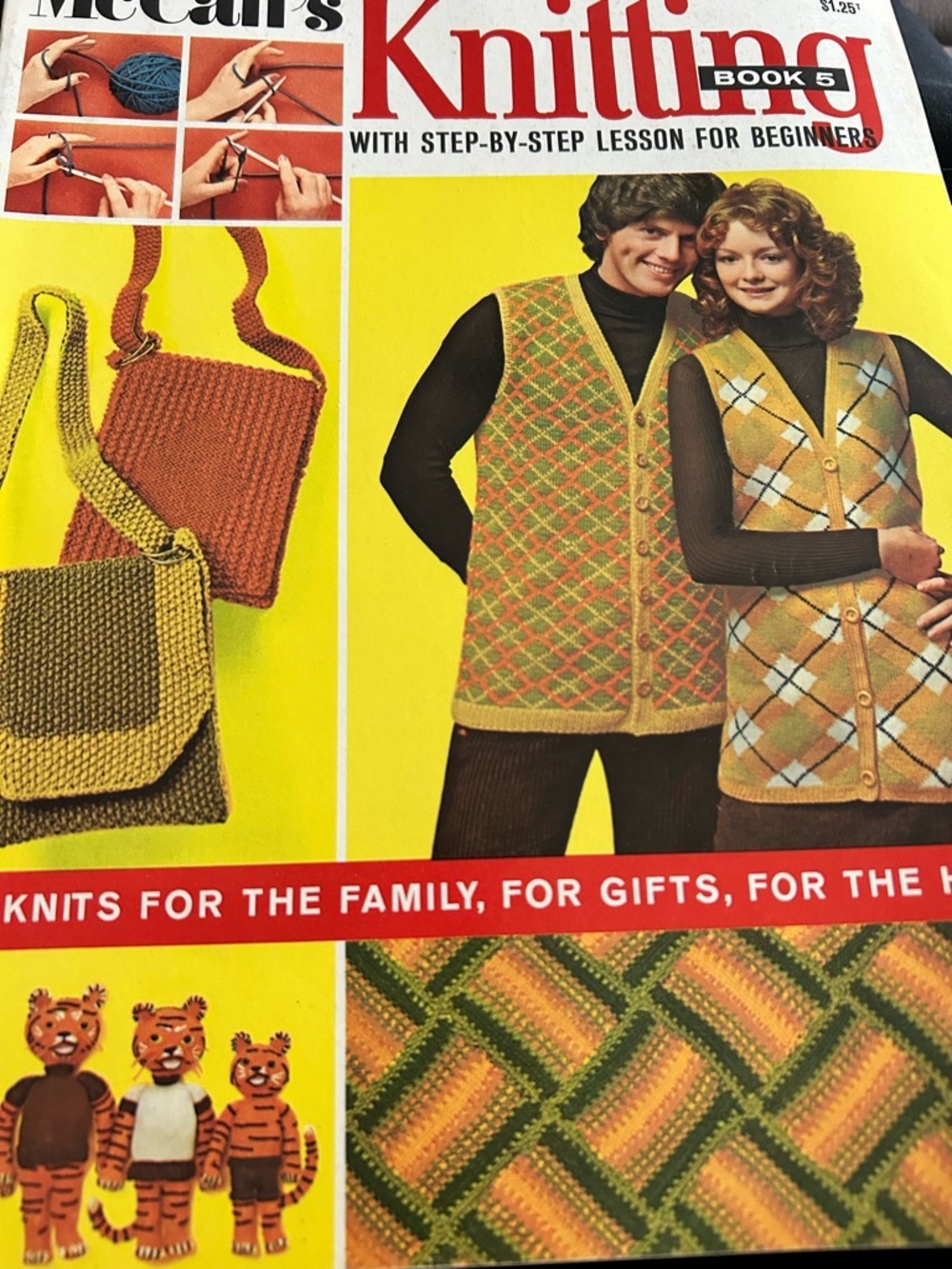 4/$50 knitted 1960 beginner pattern book: purse, poncho, vest…
